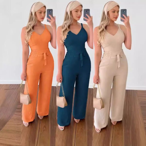 Women's Solid Color Slim Elastic Pleated Two-Piece Suit Sexy Spaghetti Strap V-neck Backless Vest High Waist Wide Leg Pants Suit - Image 7