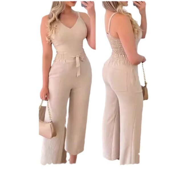 Women's Solid Color Slim Elastic Pleated Two-Piece Suit Sexy Spaghetti Strap V-neck Backless Vest High Waist Wide Leg Pants Suit - Image 8