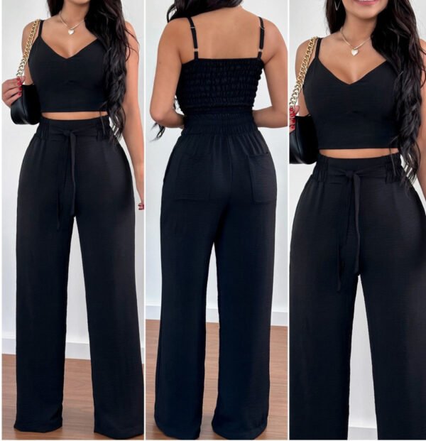Women's Solid Color Slim Elastic Pleated Two-Piece Suit Sexy Spaghetti Strap V-neck Backless Vest High Waist Wide Leg Pants Suit - Image 2