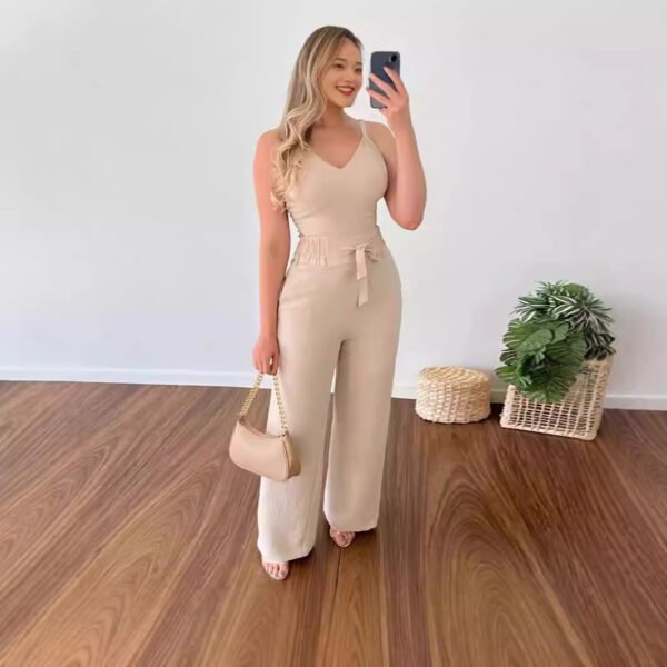 Women's Solid Color Slim Elastic Pleated Two-Piece Suit Sexy Spaghetti Strap V-neck Backless Vest High Waist Wide Leg Pants Suit - Image 6