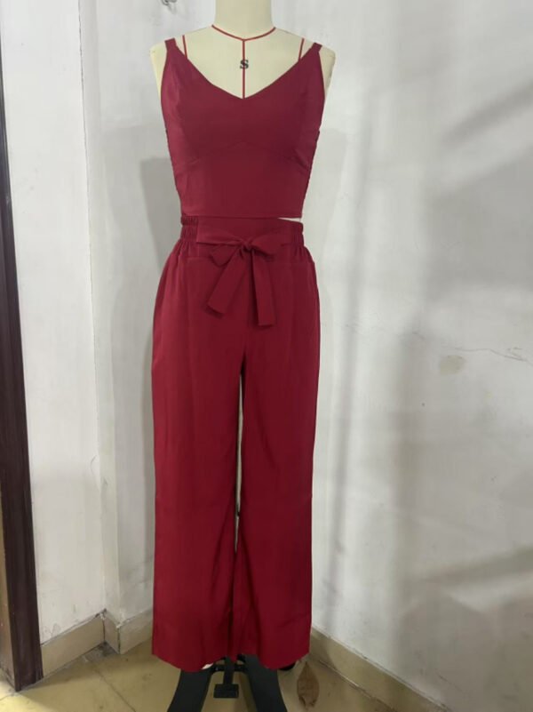 Women's Solid Color Slim Elastic Pleated Two-Piece Suit Sexy Spaghetti Strap V-neck Backless Vest High Waist Wide Leg Pants Suit - Image 10