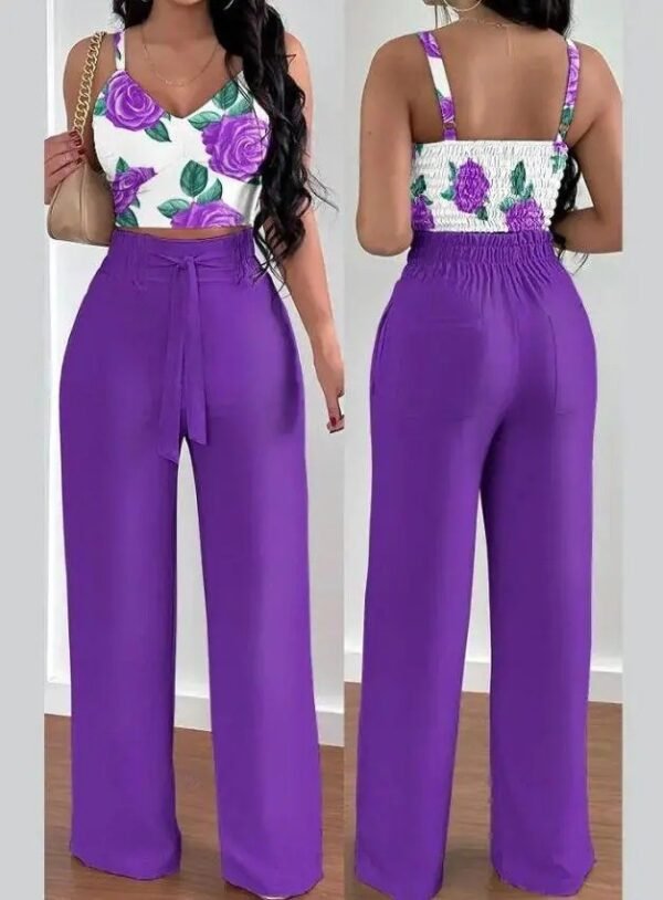 Women's Solid Color Slim Elastic Pleated Two-Piece Suit Sexy Spaghetti Strap V-neck Backless Vest High Waist Wide Leg Pants Suit - Image 5