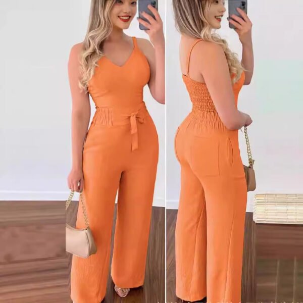 Women's Solid Color Slim Elastic Pleated Two-Piece Suit Sexy Spaghetti Strap V-neck Backless Vest High Waist Wide Leg Pants Suit - Image 4
