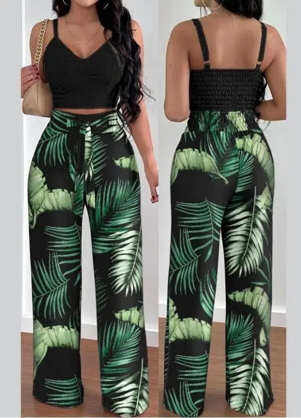 Women's Solid Color Slim Elastic Pleated Two-Piece Suit Sexy Spaghetti Strap V-neck Backless Vest High Waist Wide Leg Pants Suit - Image 9