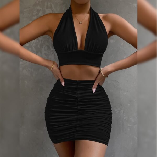 2pcs Dress Suits For Women Halter Lace-up Hip Top And Pleated Hip-covering Skirt - Image 5